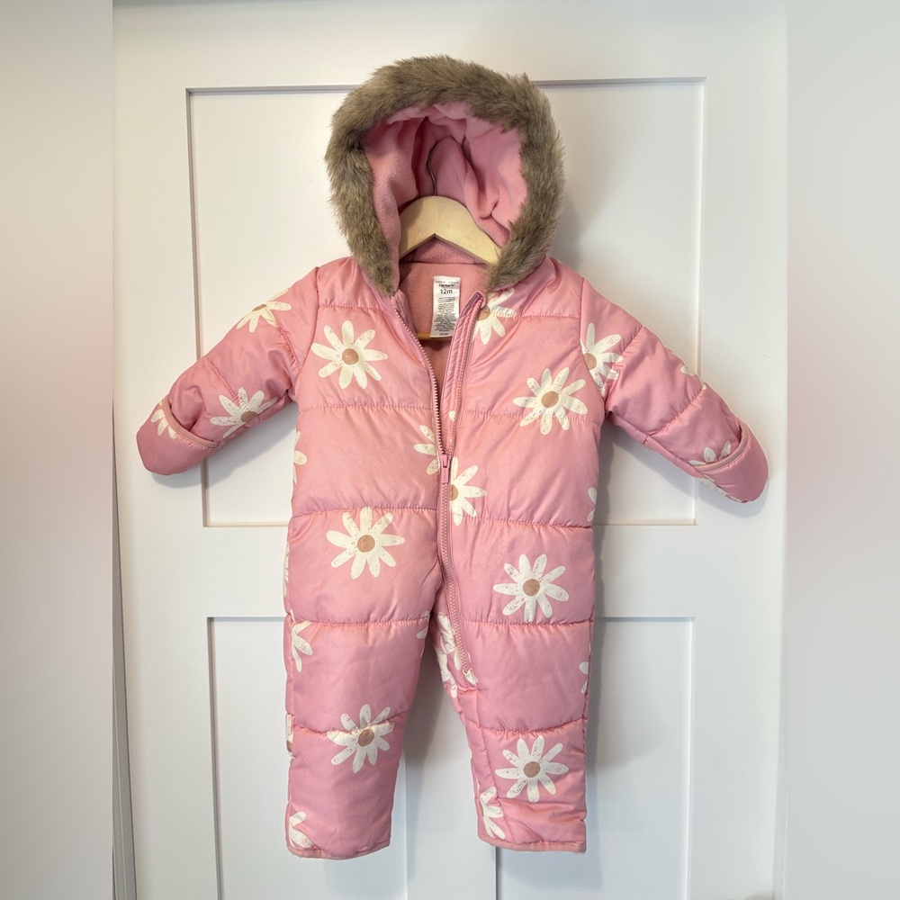 Carter's Pink Daisy Puffer Snowsuit with Faux Fur Trim